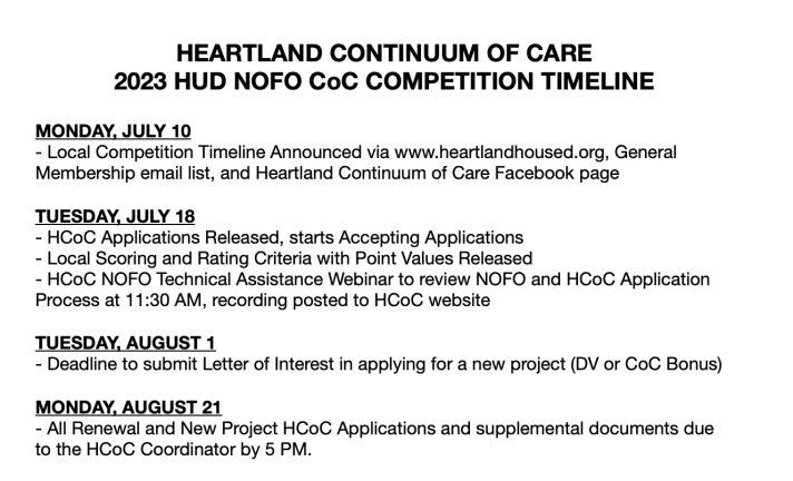 HUD CoC NOFO Competition Local Timeline